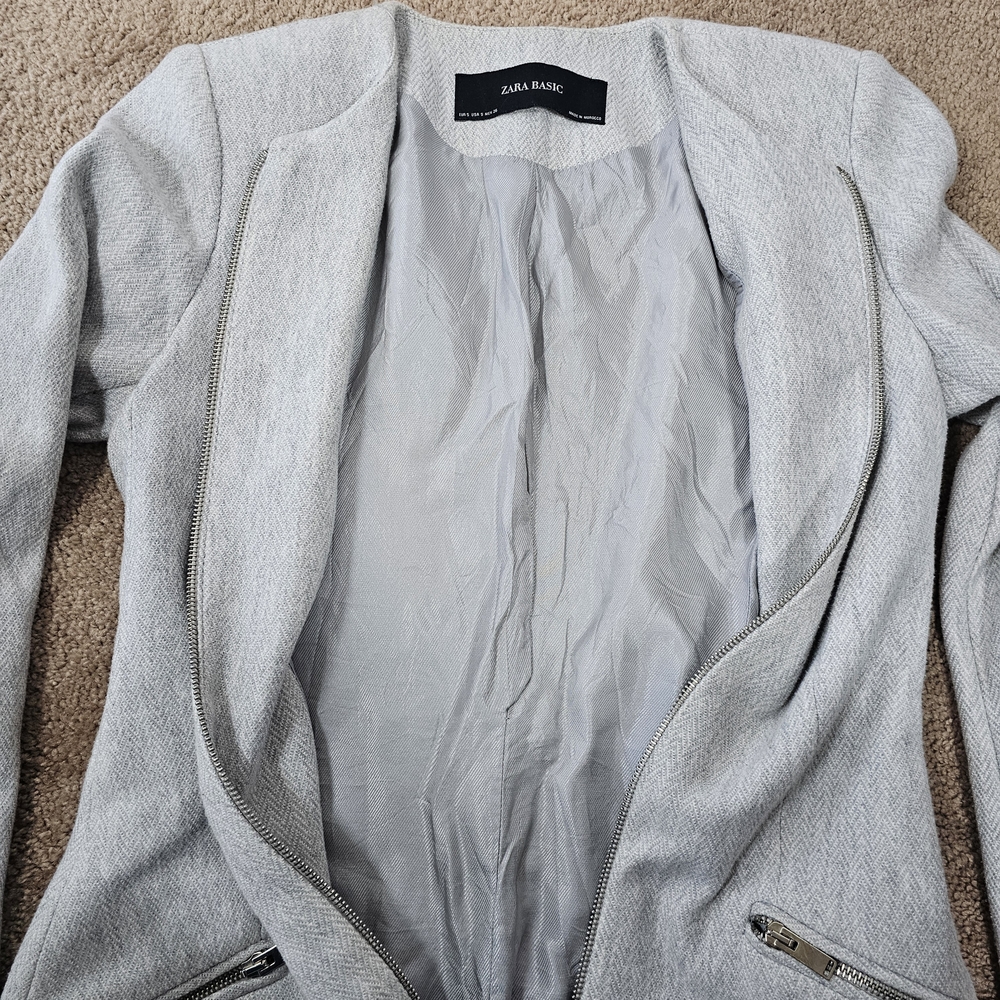 Zara Basic Sgray Coat Herringbone Jacket Zip Up P… - image 5